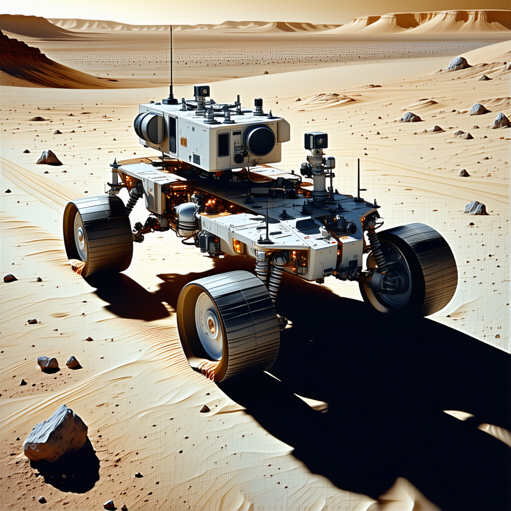 A White Robotic Vehicle Is Driving Across A Rocky Terrain