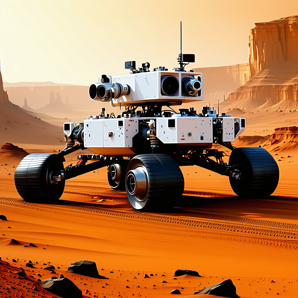 A Large White Robotic Vehicle, Possibly A Tank, Driving Across A Desert Landscape