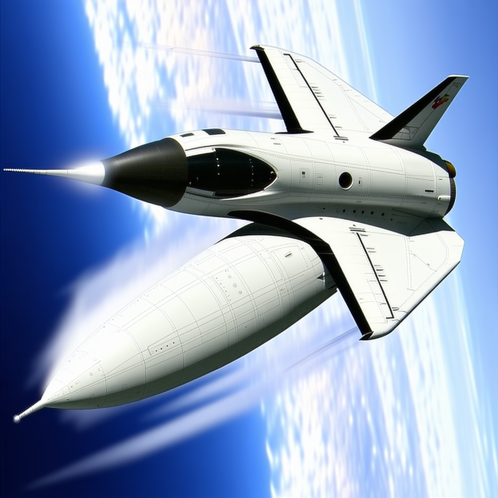 A White Space Shuttle Is Flying Through The Sky, Leaving A Trail Of Smoke Behind It