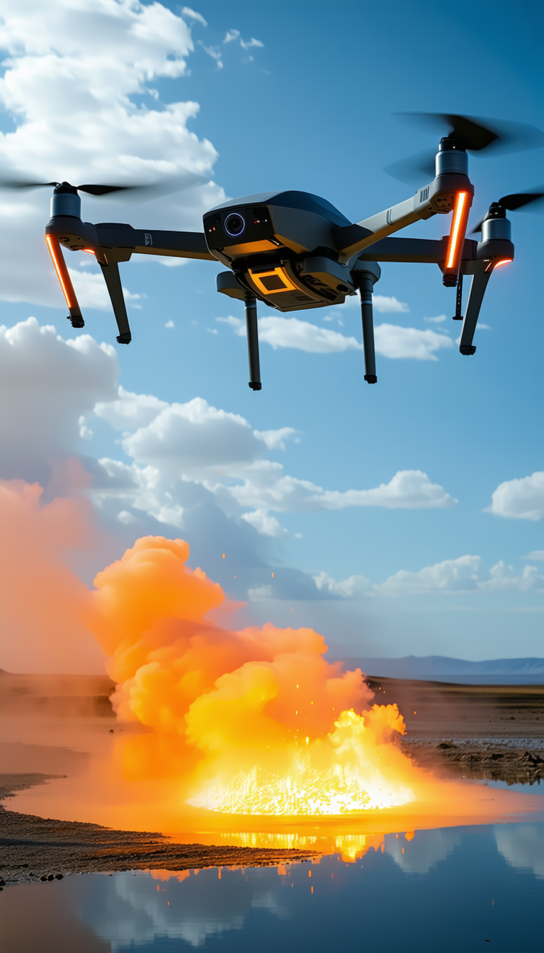 A Military Drone Flying Over A Field, With A Smoke Trail Following It