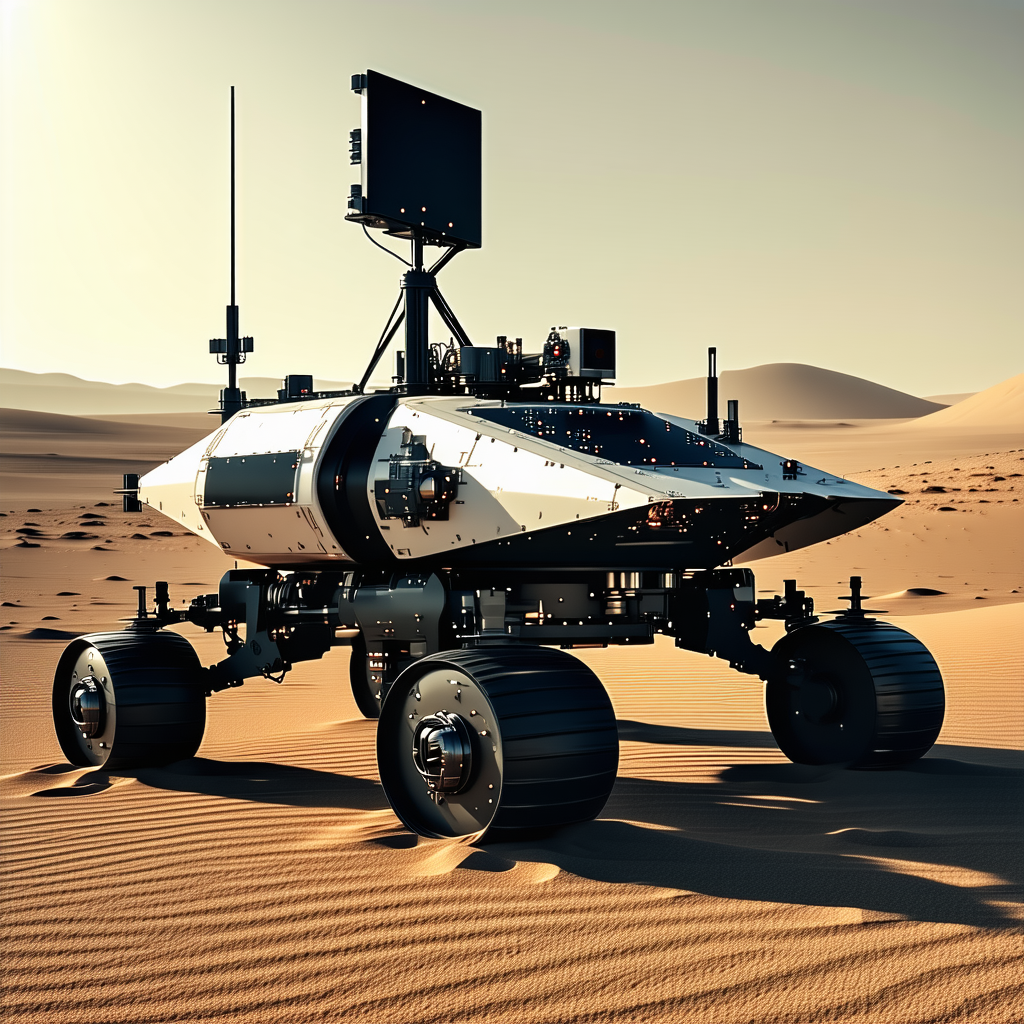 A Large Robotic Vehicle Is Sitting In A Desert Landscape
