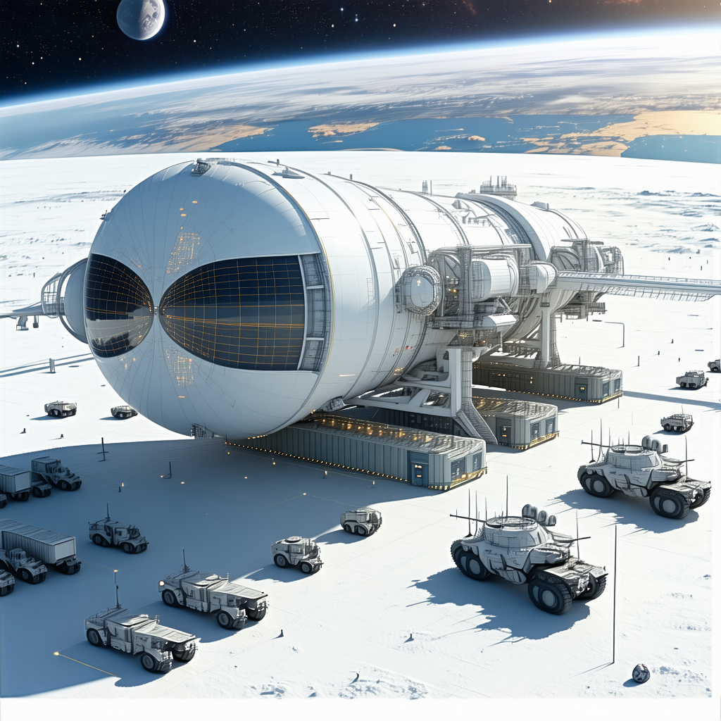 A Large White Spacecraft, Possibly A Space Station Or A Space Shuttle, Sitting On A Snowy Surface