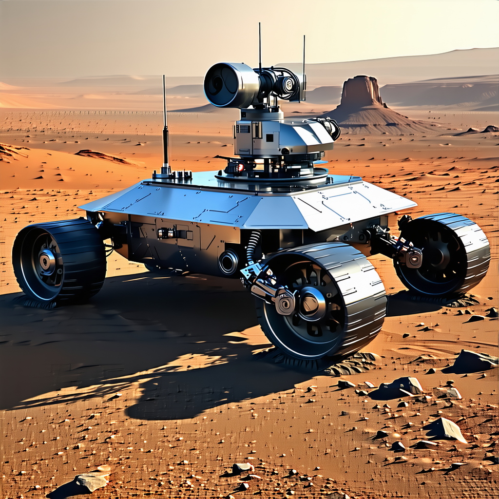 A Futuristic Vehicle, Possibly A Tank Or A Rover, Parked On A Dirt Surface