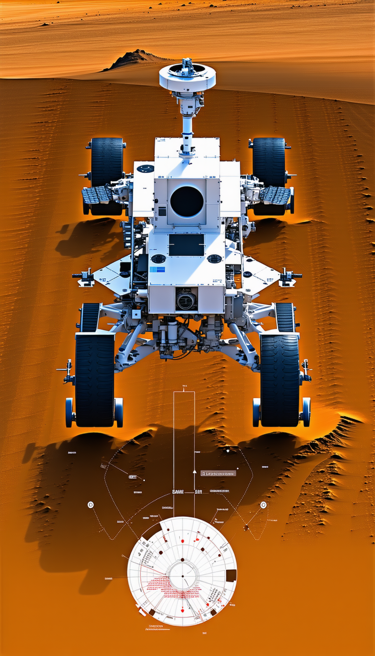 A White And Black Robot Is Sitting On A Red Dirt Surface