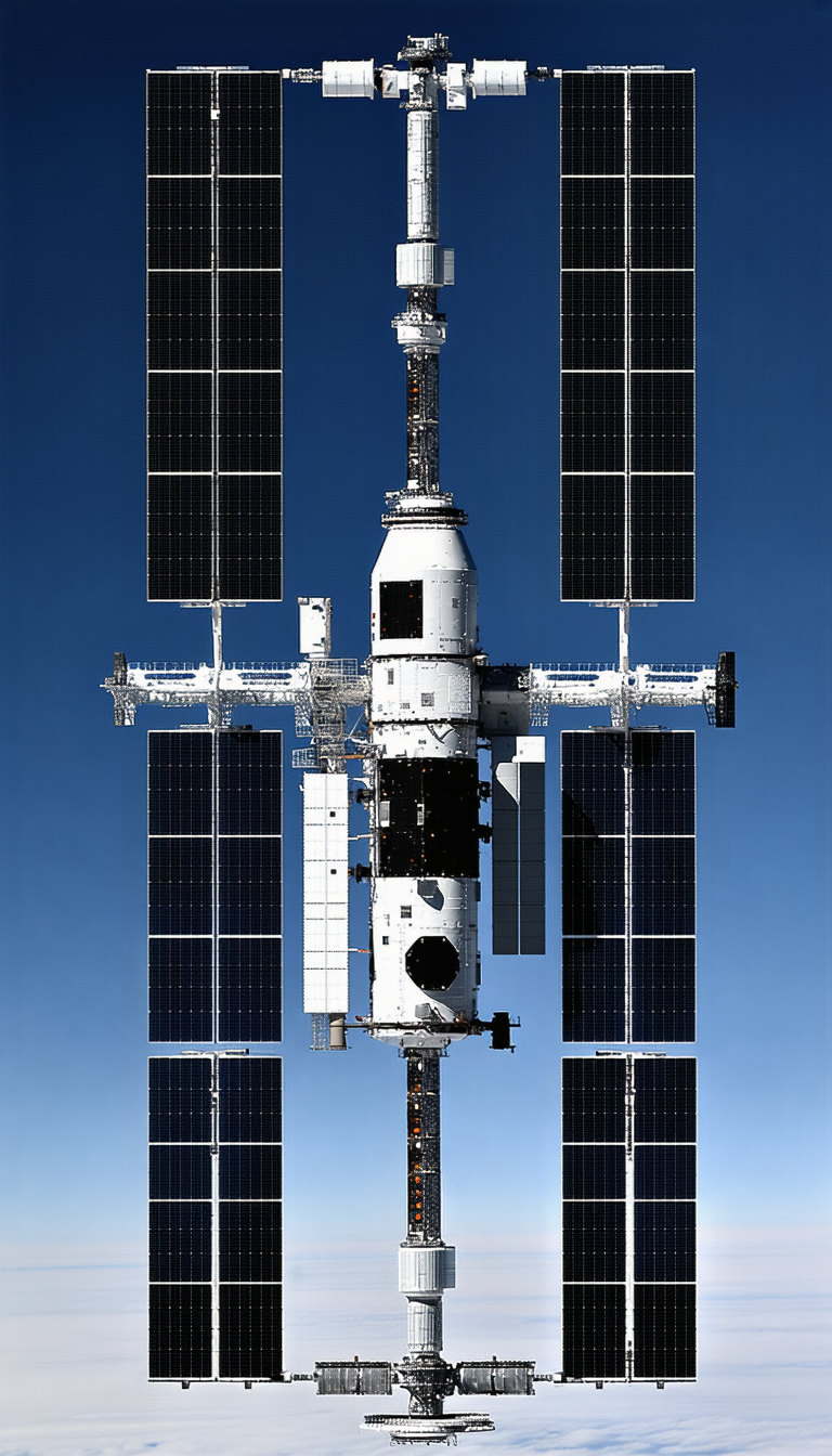 A Large Spacecraft Is Docked To A Space Station, With A Large Satellite Dish On The Side