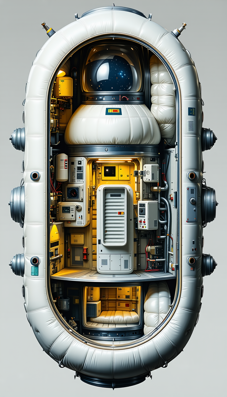 A White Spacecraft Is Shown In A Cross-section View, Revealing Its Various Components