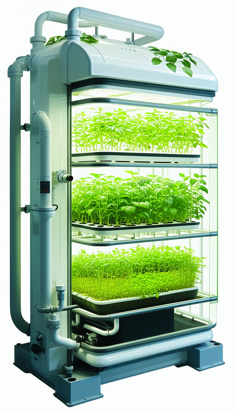 A Large, Multi-tiered Plant Growing System, Filled With Various Plants