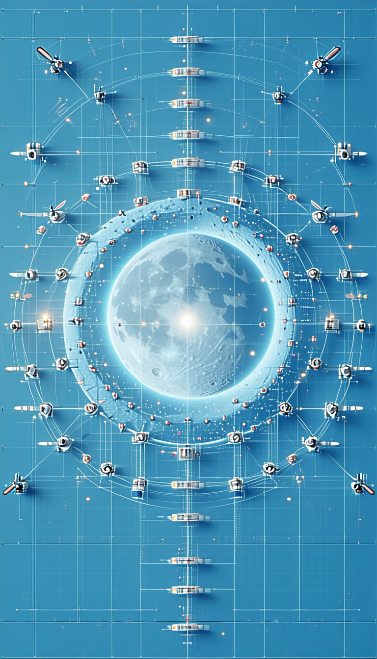 In This Image, There Is A Large Blue Circle With A Moon Inside Of It