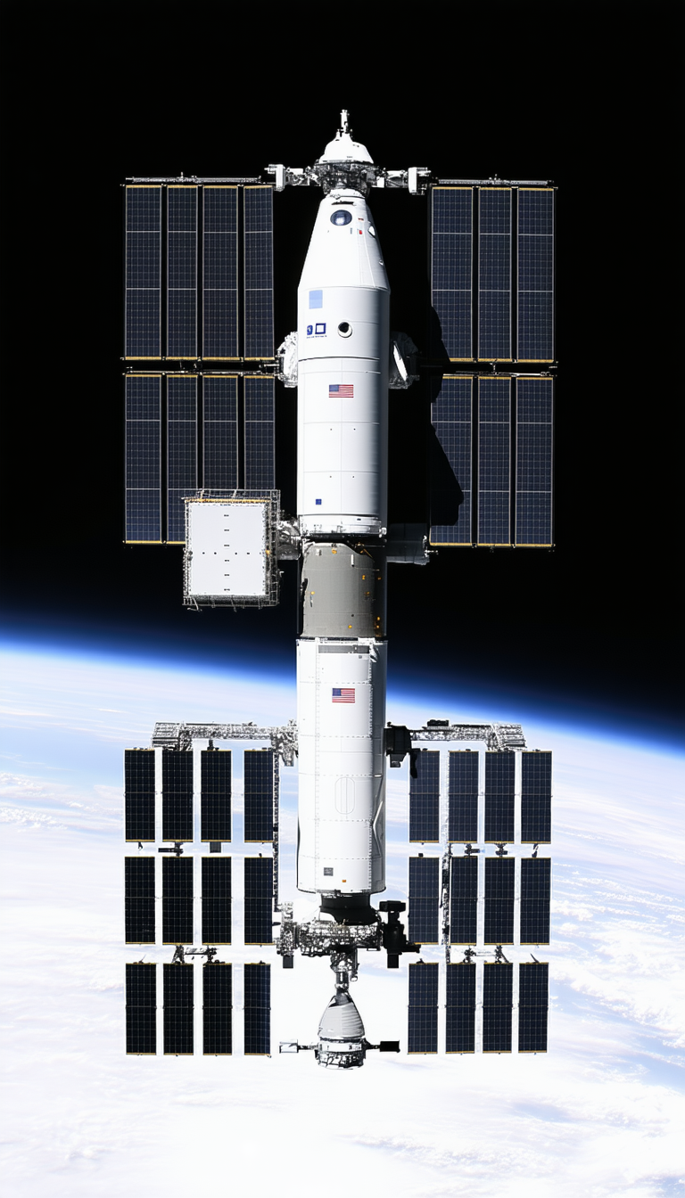 A Large Space Shuttle Docked At A Space Station