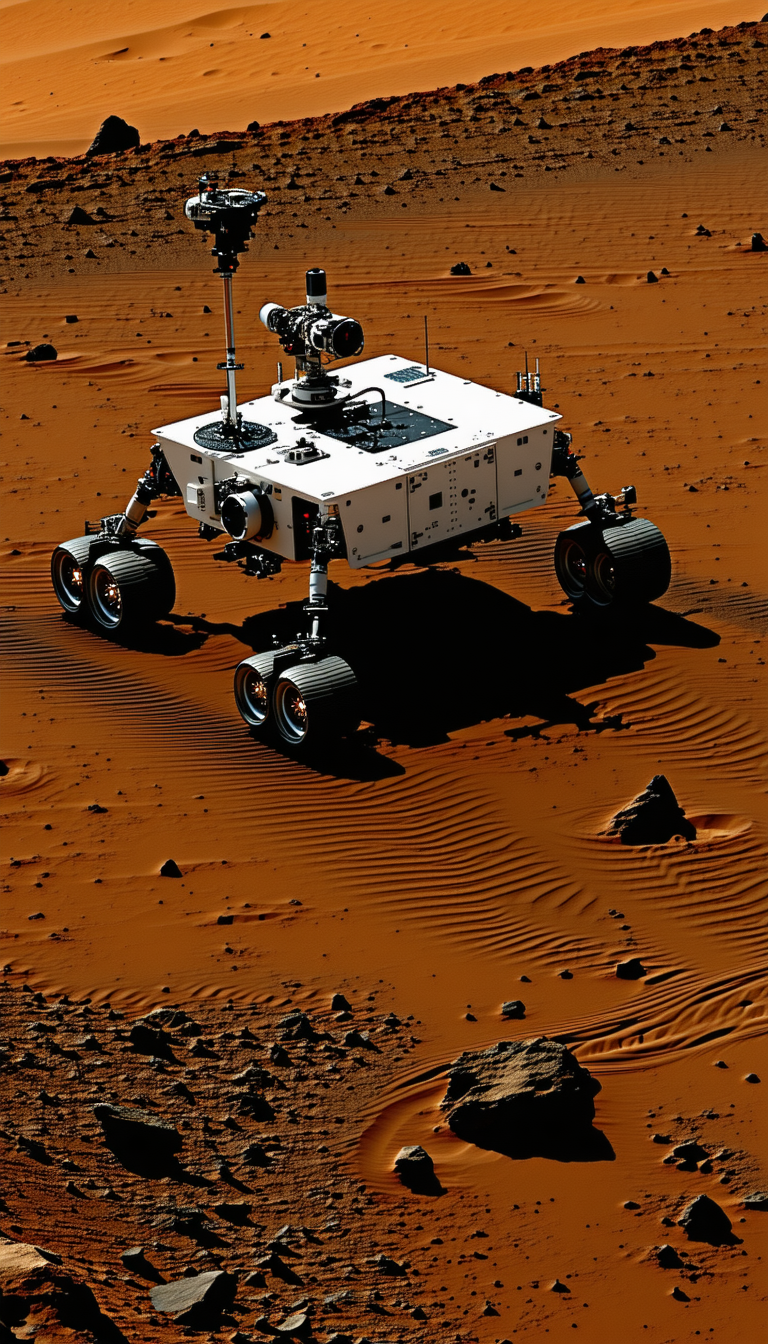 A White Robotic Vehicle, Possibly A Rover, Driving Across A Red Dirt Surface