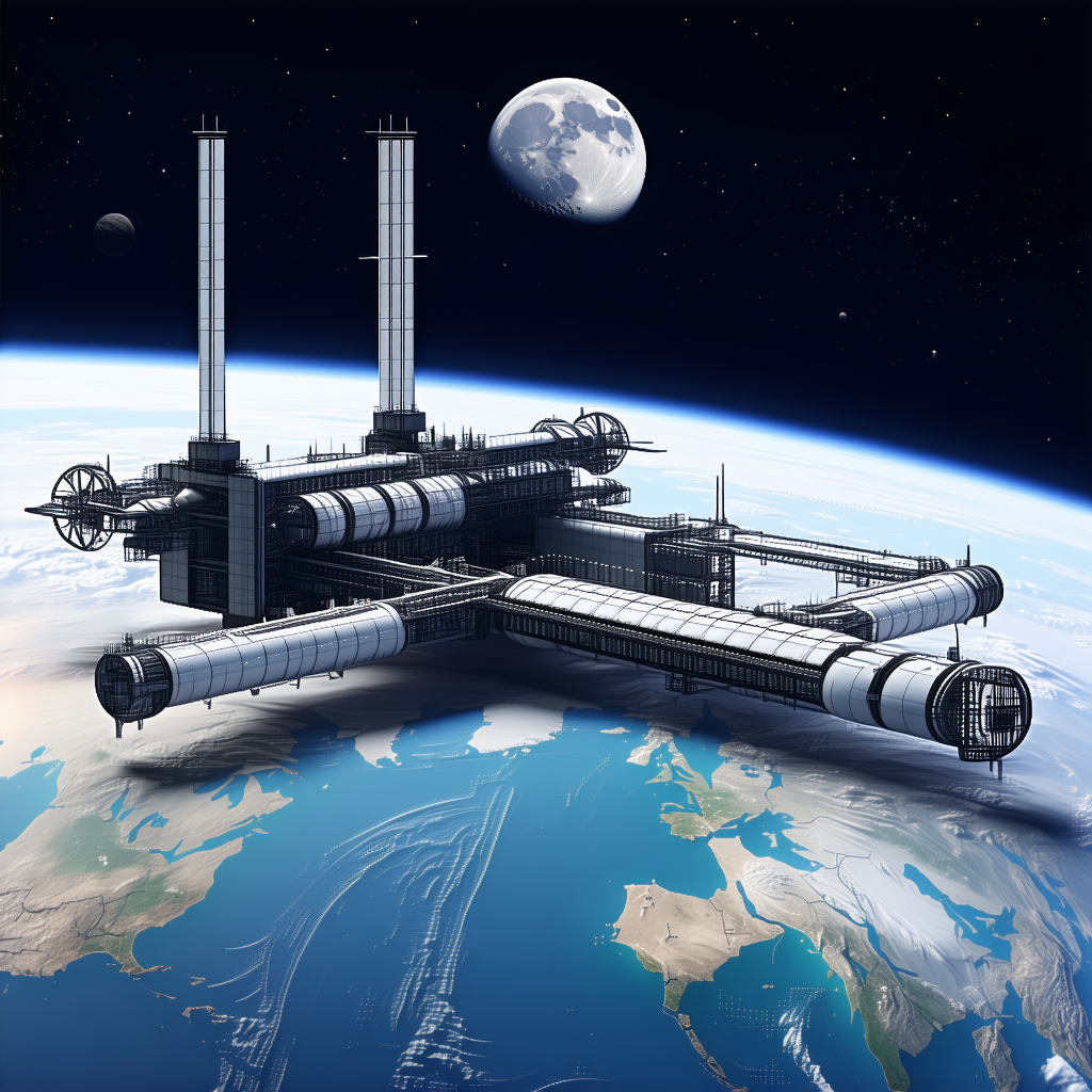 A Large Space Station Is Shown In A 3d Image, With A Moon Visible In The Background