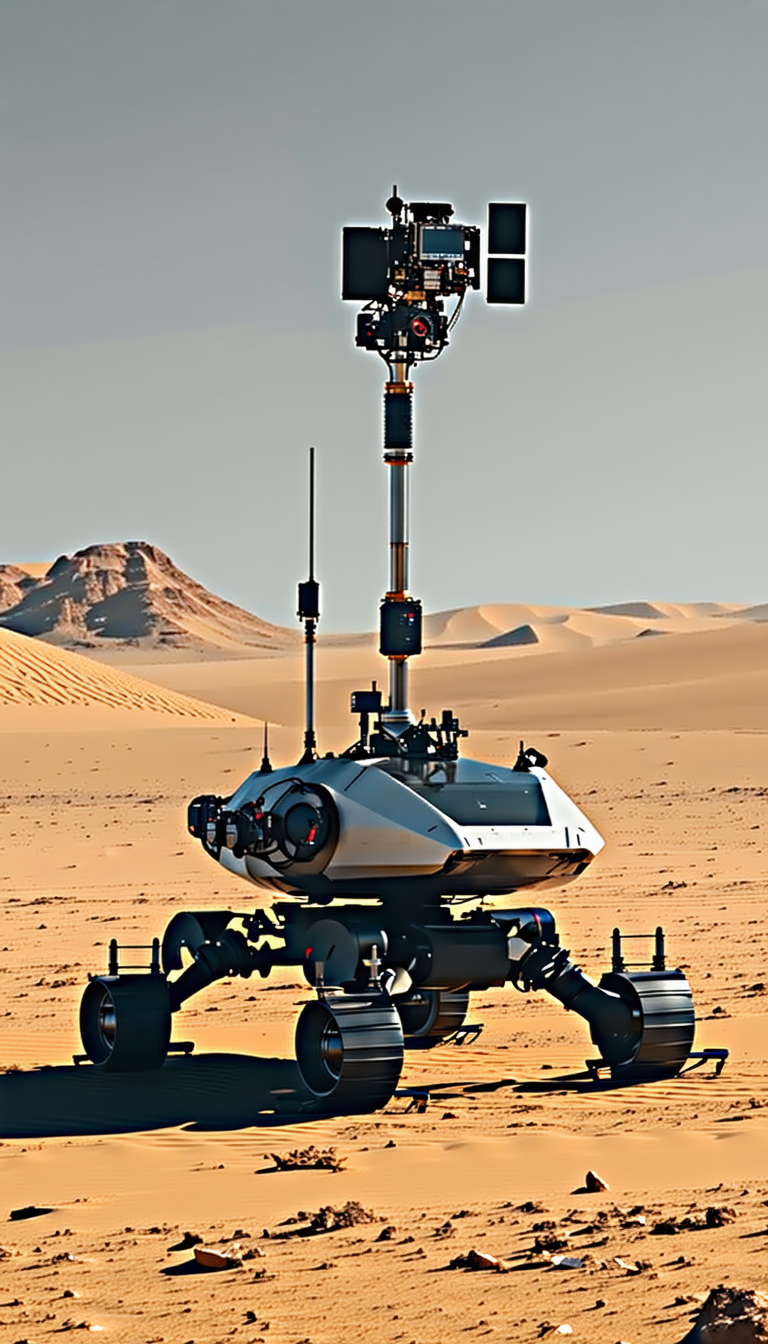 A Large, White, And Silver Robotic Vehicle With A Camera On Top Of It