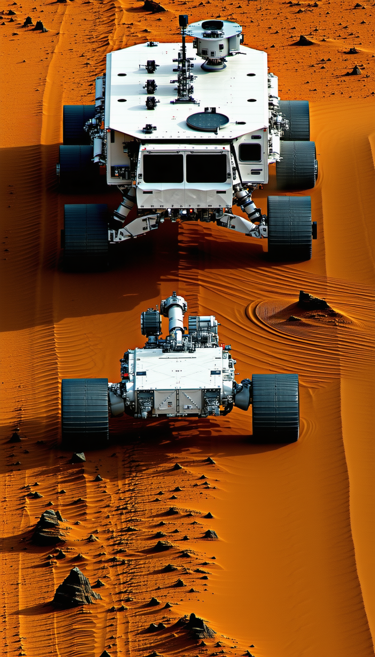 Two Large, White, And Silver Robots Driving On A Sandy Surface