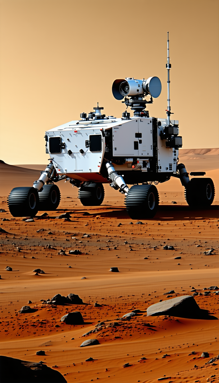 A Large White Robotic Vehicle, Possibly A Rover, Driving Across A Sandy Terrain