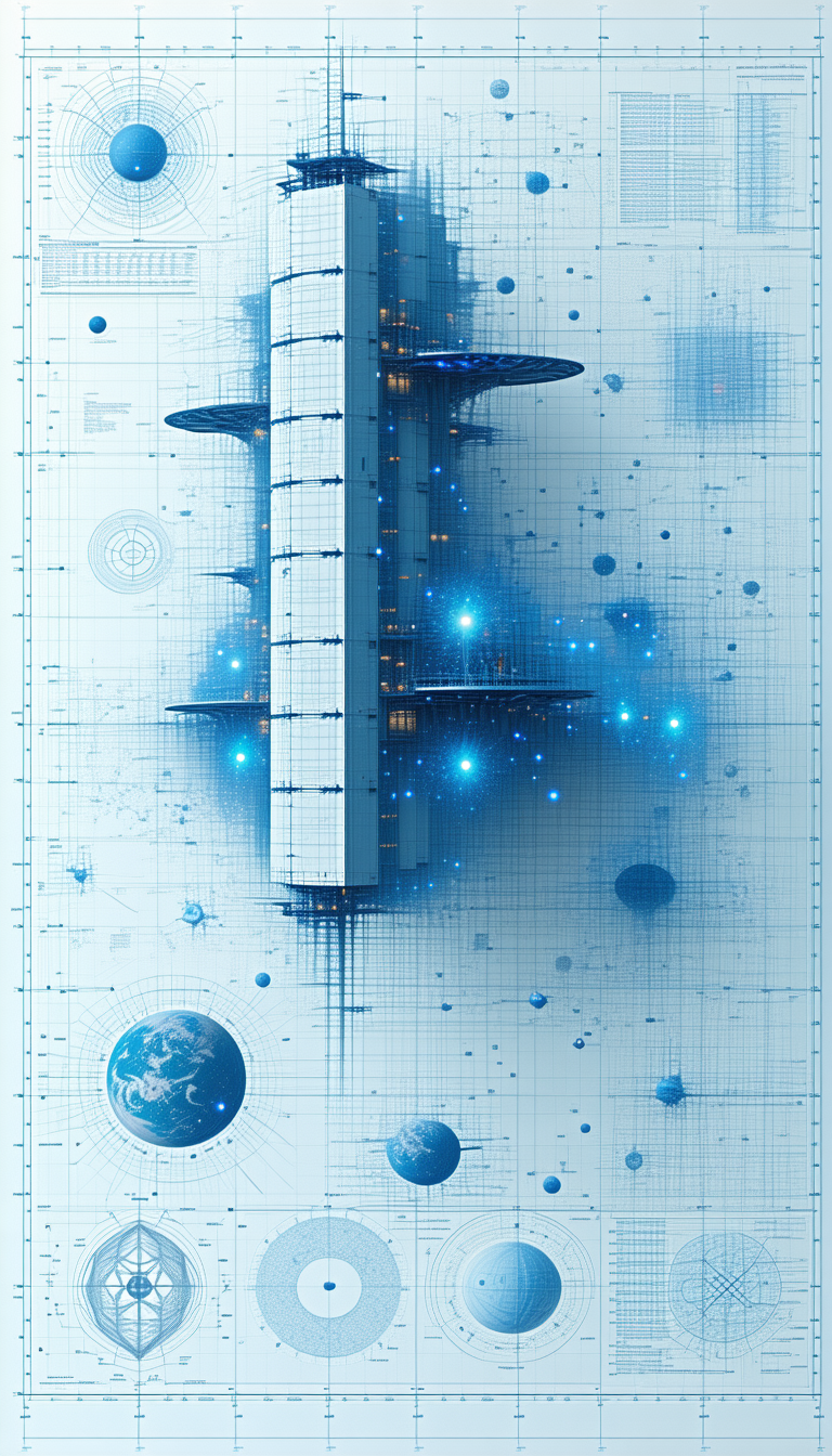 A Futuristic Building Is Depicted In A Blue And White Color Scheme