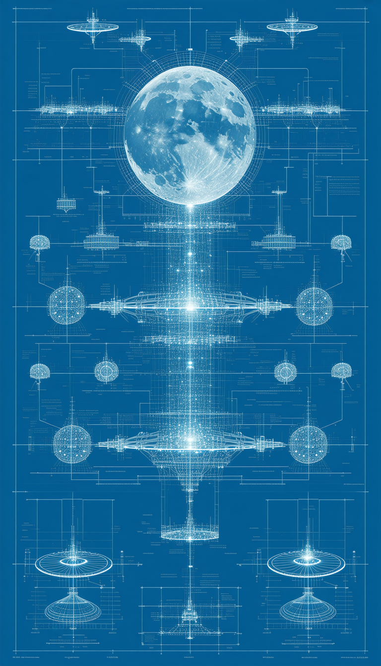 A Blue Drawing Of A Space Shuttle Is Shown, With A Moon In The Background