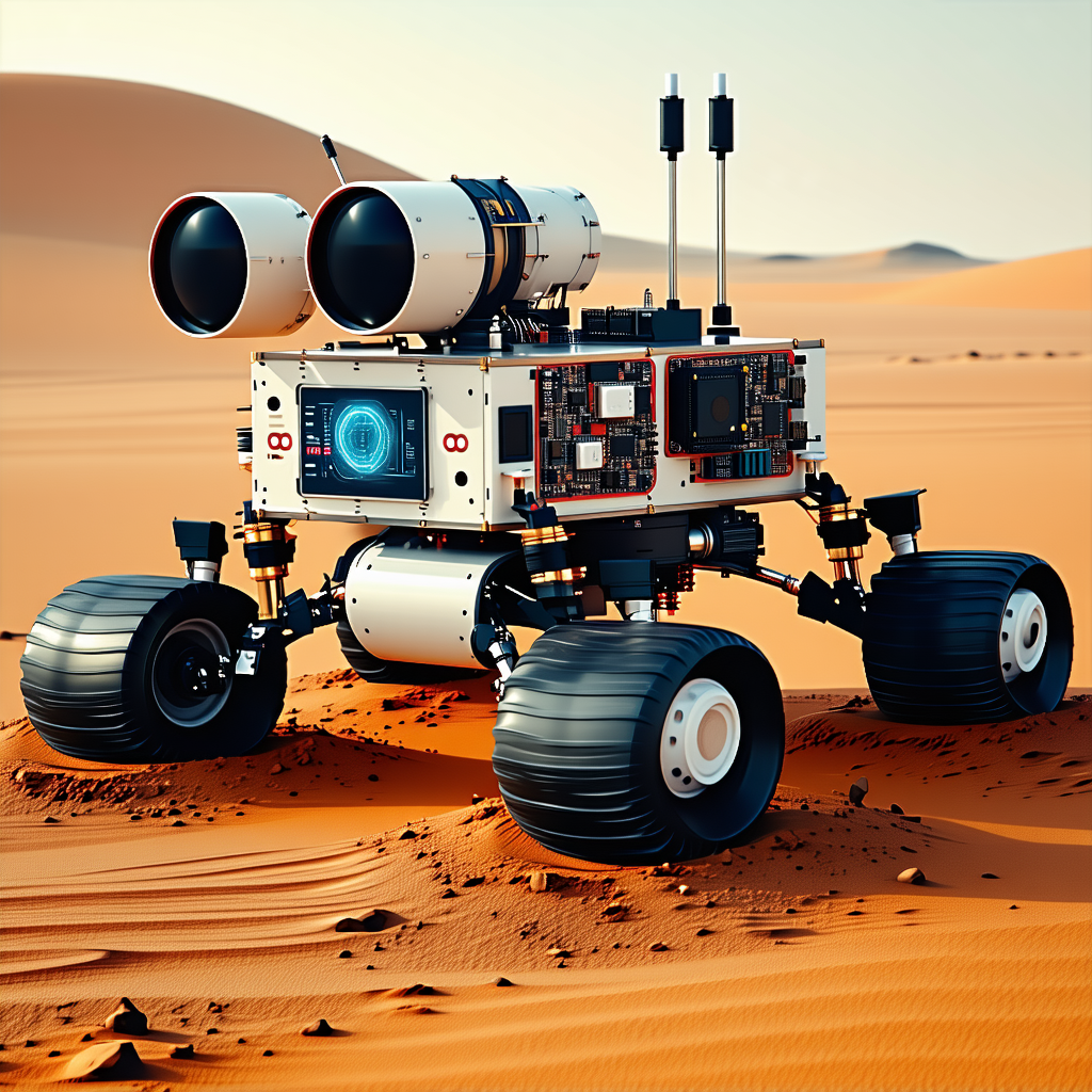 A White Robot Is Sitting On A Sandy Surface, Possibly In A Desert