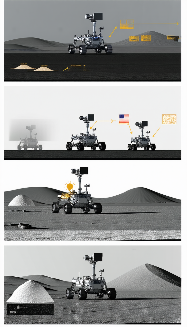 In The Image, There Are Three Pictures Of Rovers On The Surface Of Mars