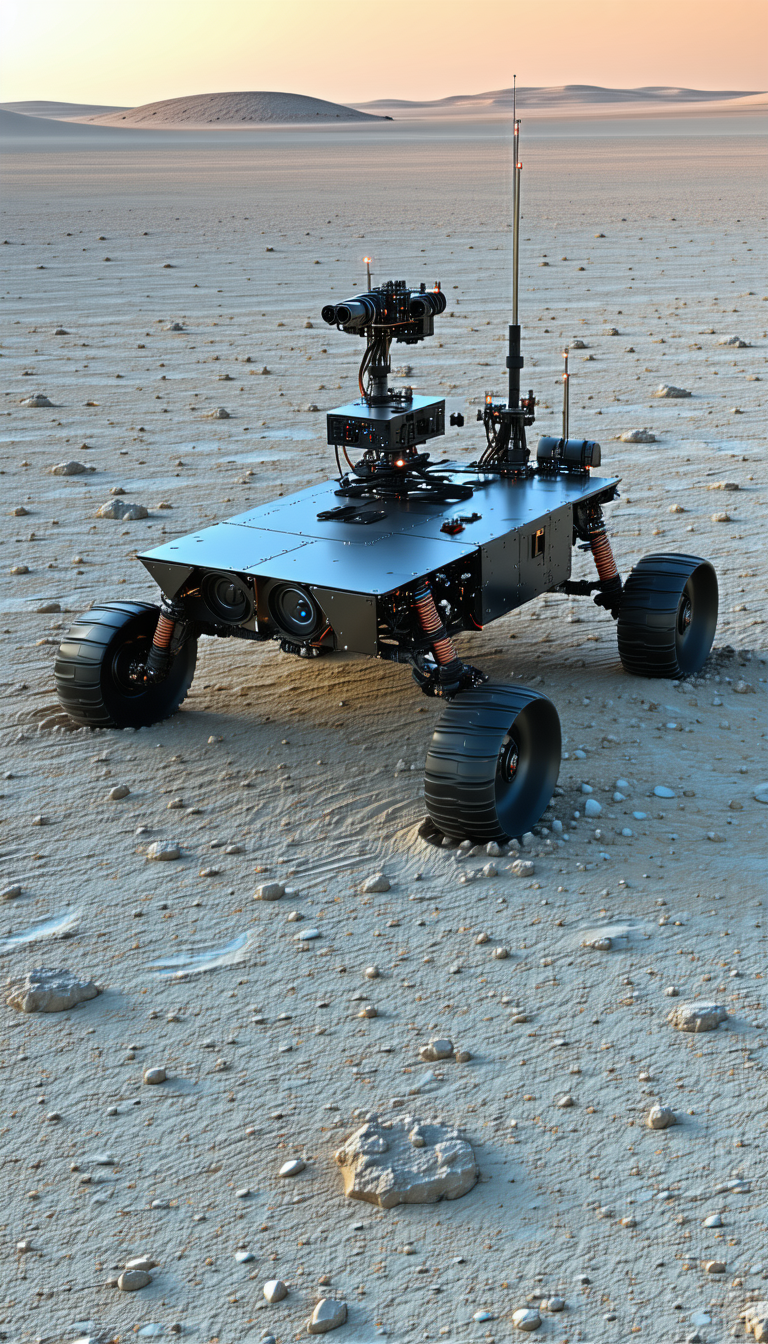 A Robotic Vehicle Is Sitting On A Rocky Surface, Possibly A Desert