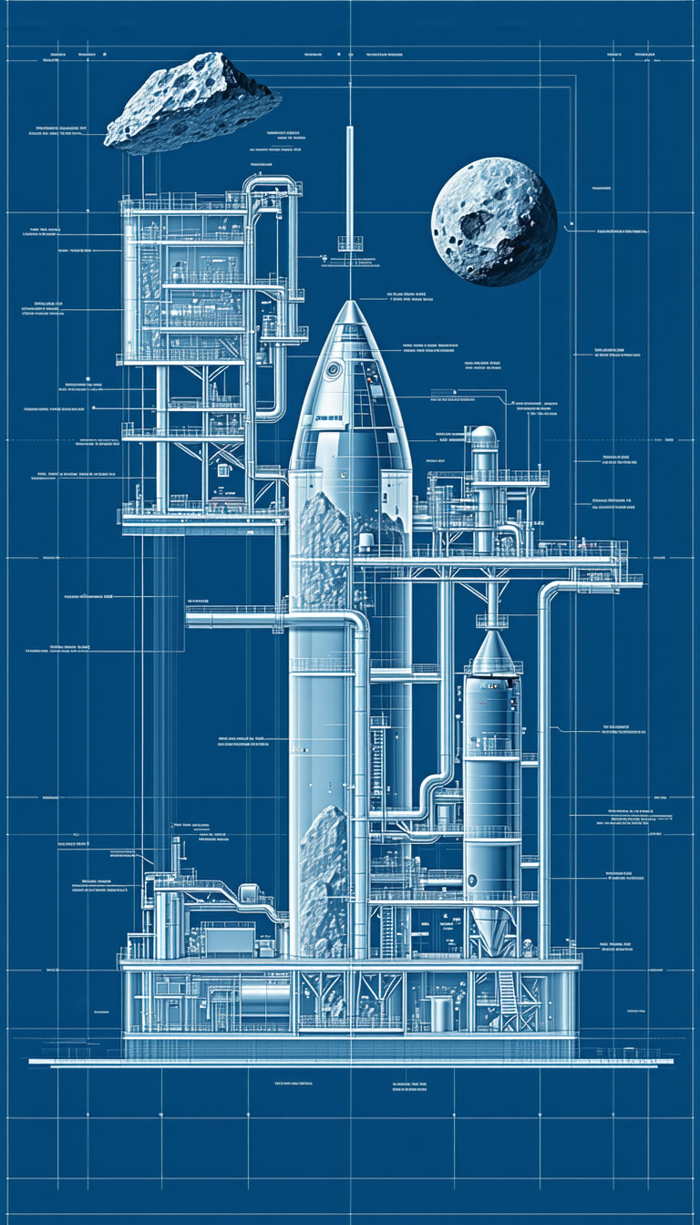 A Large Rocket Ship Is Shown In A Blue And White Drawing