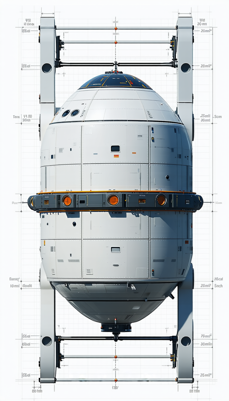 A Large White Spacecraft Is Shown In A Drawing, With A Blue Circle In The Middle
