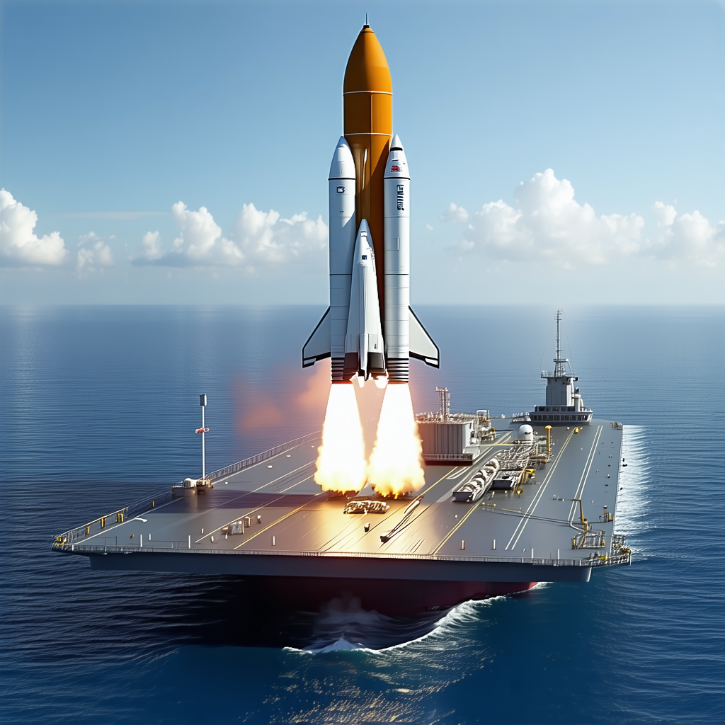 A Large Space Shuttle Is Being Launched From A Large Aircraft Carrier