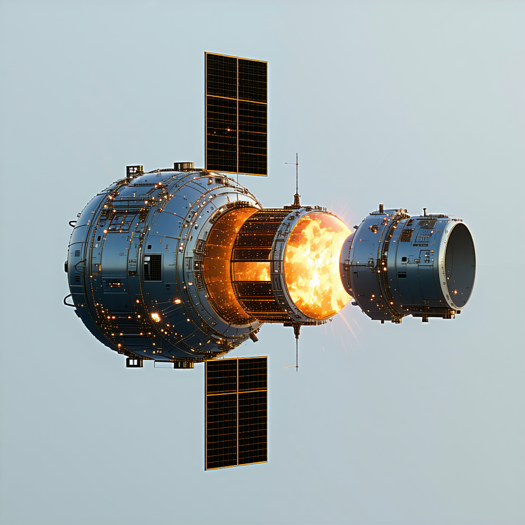 A Space Shuttle Is Shown In A Close-up View, With Its Engine On Fire