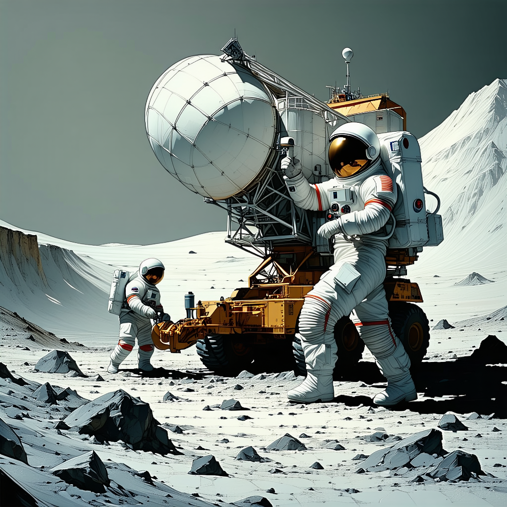 In The Image, There Are Two Astronauts Standing On The Moon, With One Of Them Holding A Rope