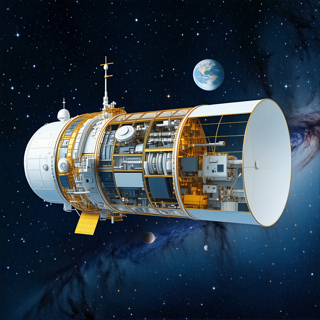 In The Image, There Is A Spacecraft With A Large Dome On Top, Which Is Likely A Satellite