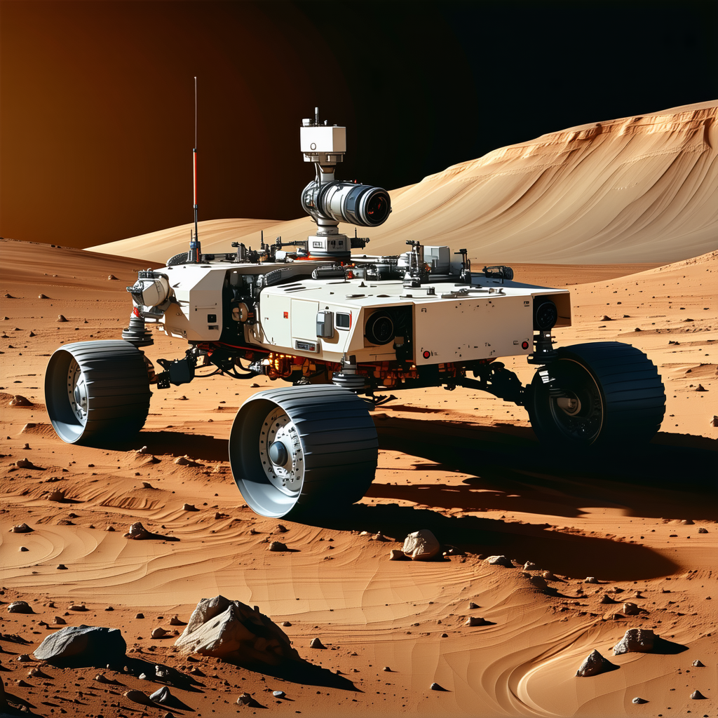 A Large, White, And Silver Robotic Vehicle On A Red Surface, Likely A Martian Terrain