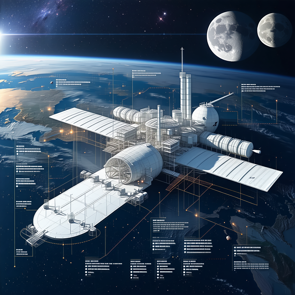 A Large Space Station Is Shown In A Diagram, With Various Parts Labeled