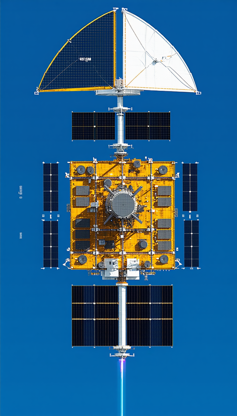 A Large Satellite Is Shown In A Blue Sky, With A Yellow And White Spacecraft In The Foreground