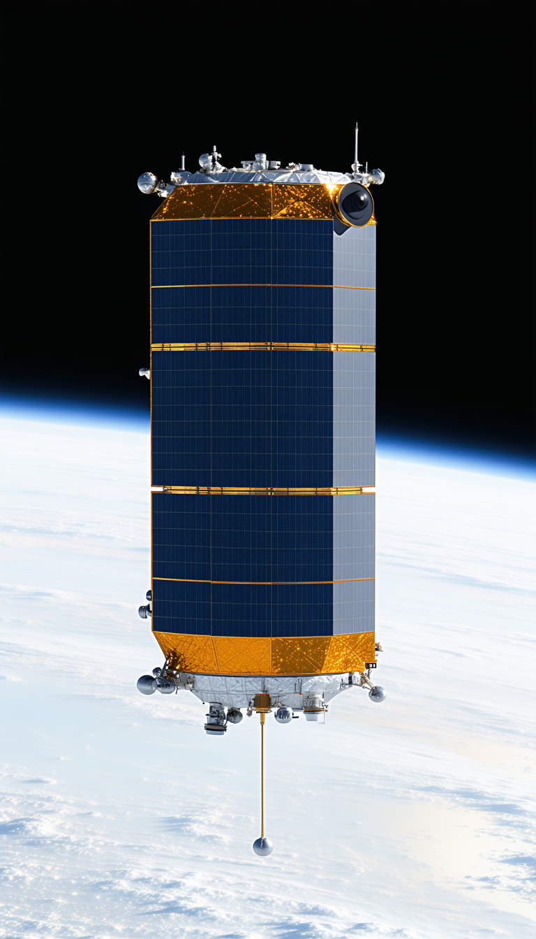 A Large Satellite Is Floating In The Sky, With A Blue And Yellow Color Scheme
