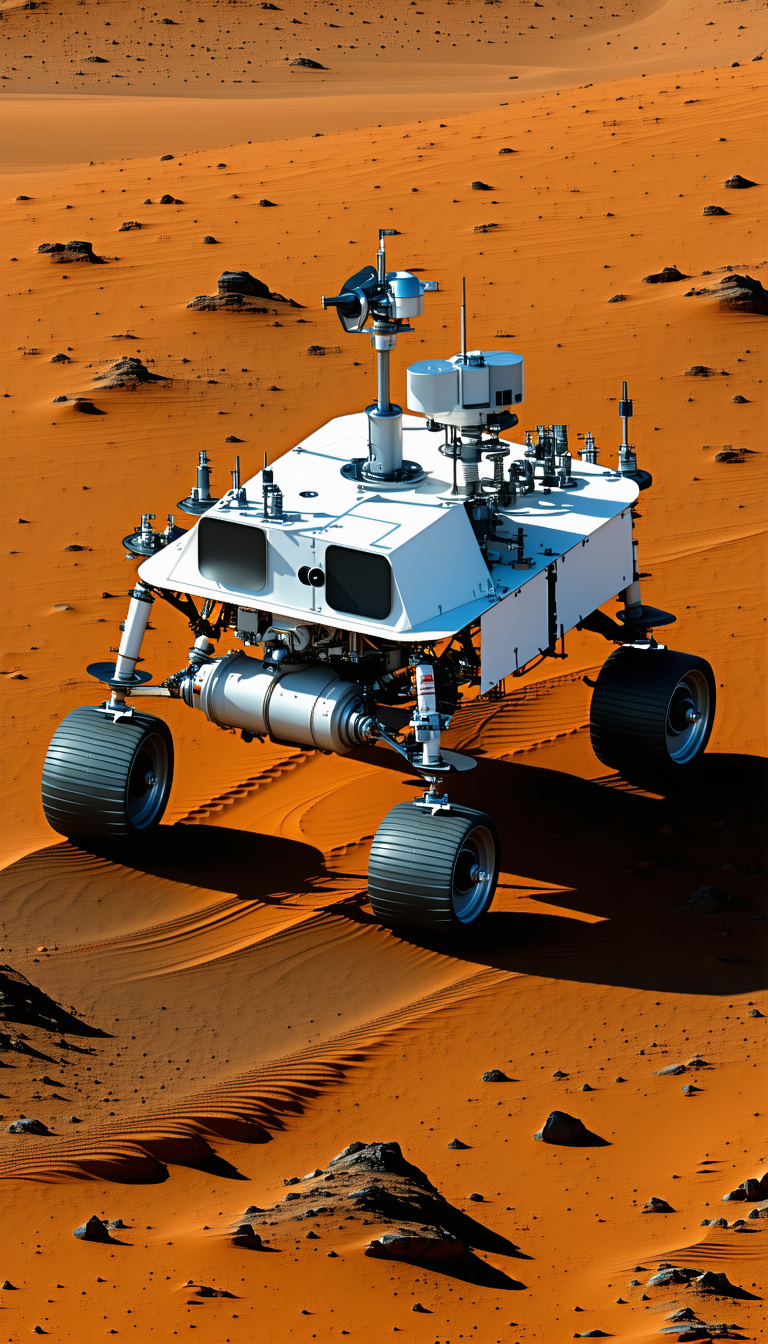 A White Robotic Vehicle With A Large Wheel On The Front, Driving Across A Red Dirt Surface