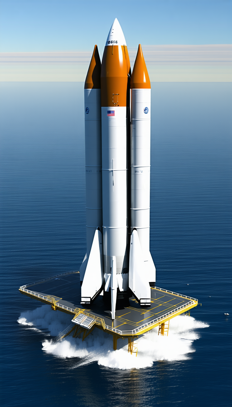 A Large White Rocket Ship Is Docked On A Yellow Platform In The Ocean