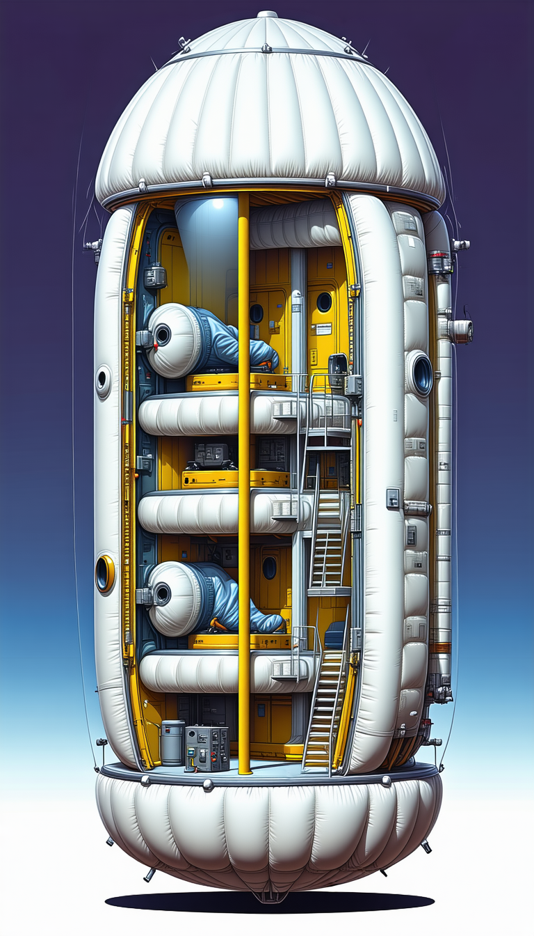 A Large White And Yellow Spacecraft Is Shown In A Blue Background