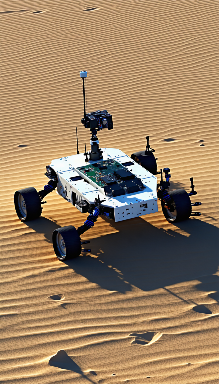 A White Robotic Vehicle With A Camera Mounted On Top Of It