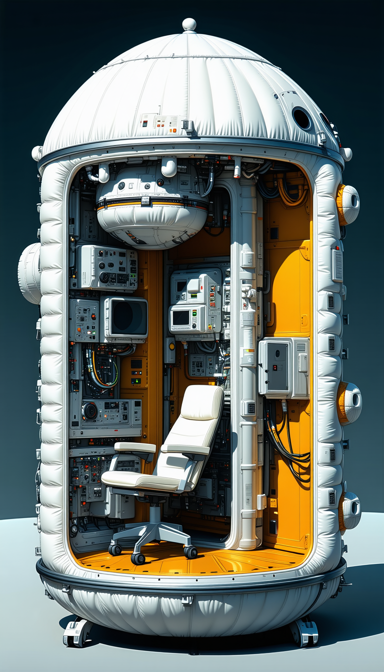 In The Image, There Is A Large, White, And Yellow Spacecraft With A Chair Inside