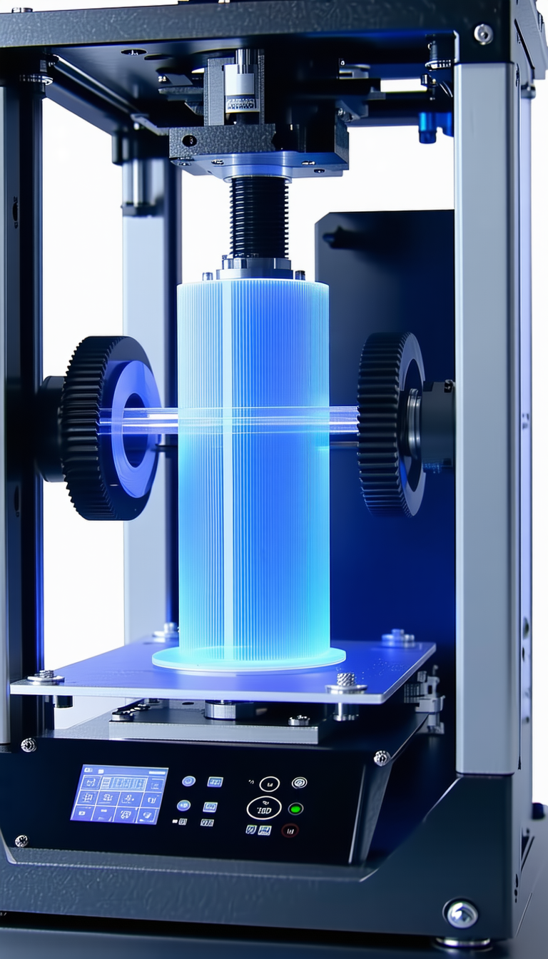 A Large Blue Cylinder With A Blue Light Shining Through It