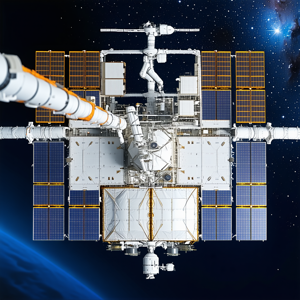 A Large Space Station With A White And Blue Color Scheme