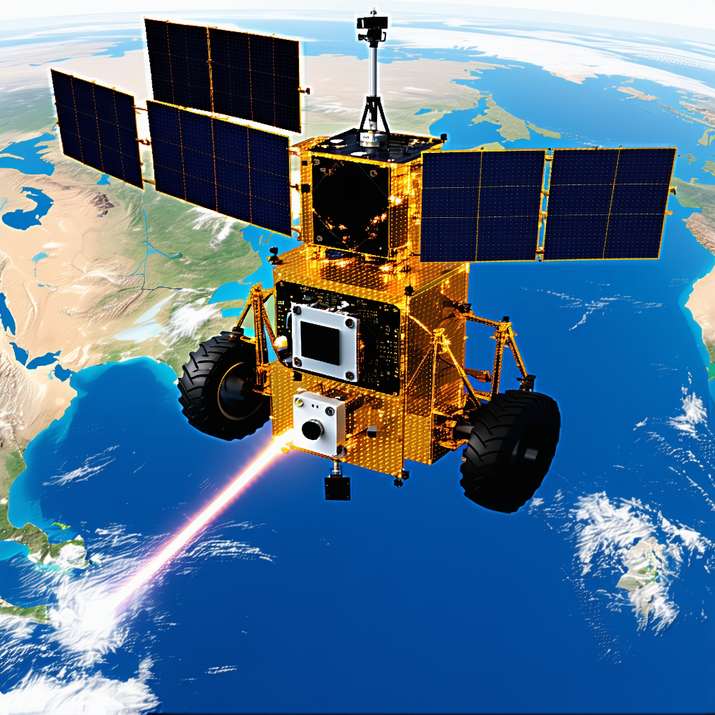 A Spacecraft With A Large Satellite Dish On Top, Flying Over A Blue Ocean