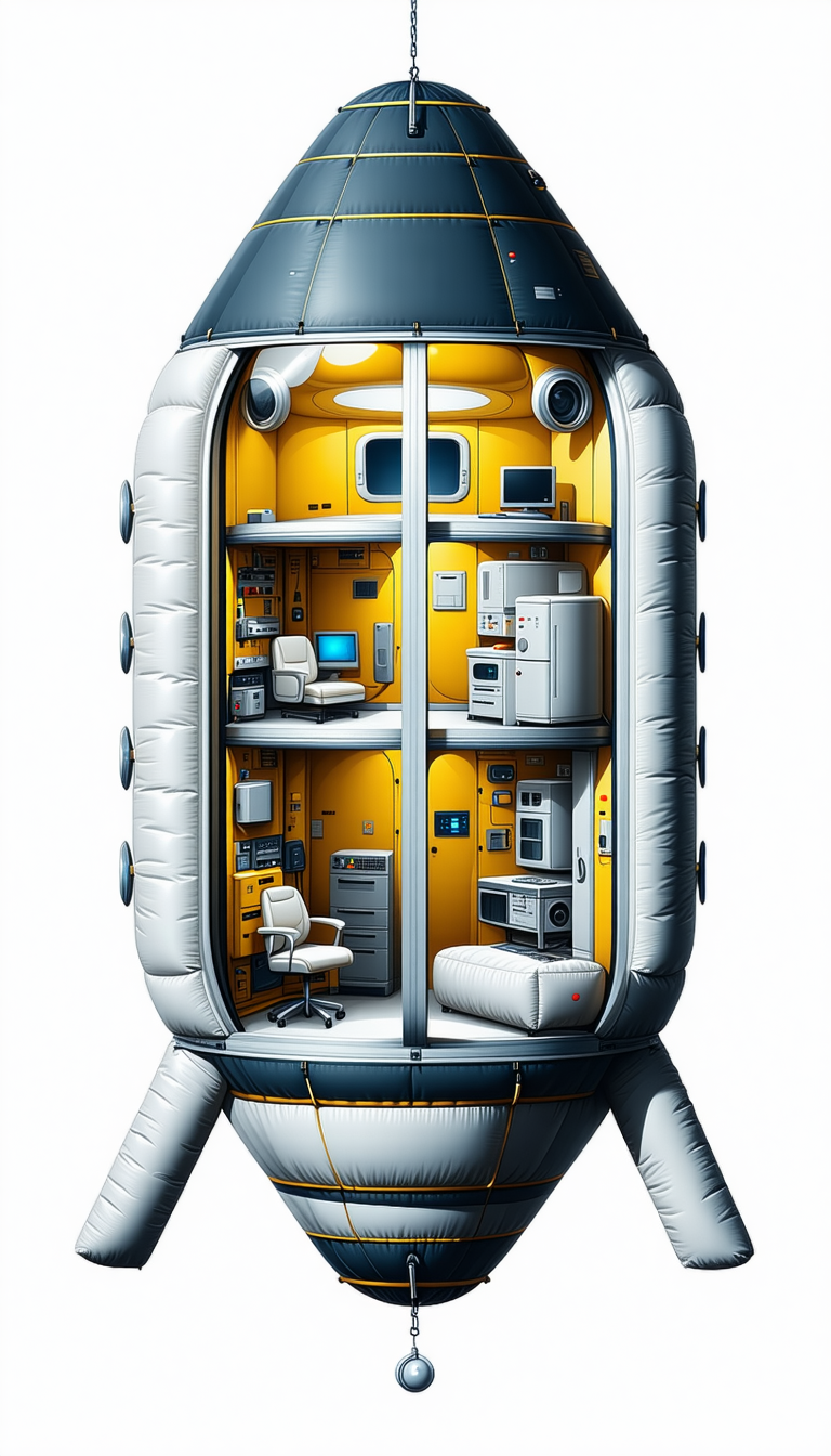 In The Image, There Is A Large, Yellow, Inflatable Spacecraft With A Variety Of Items Inside
