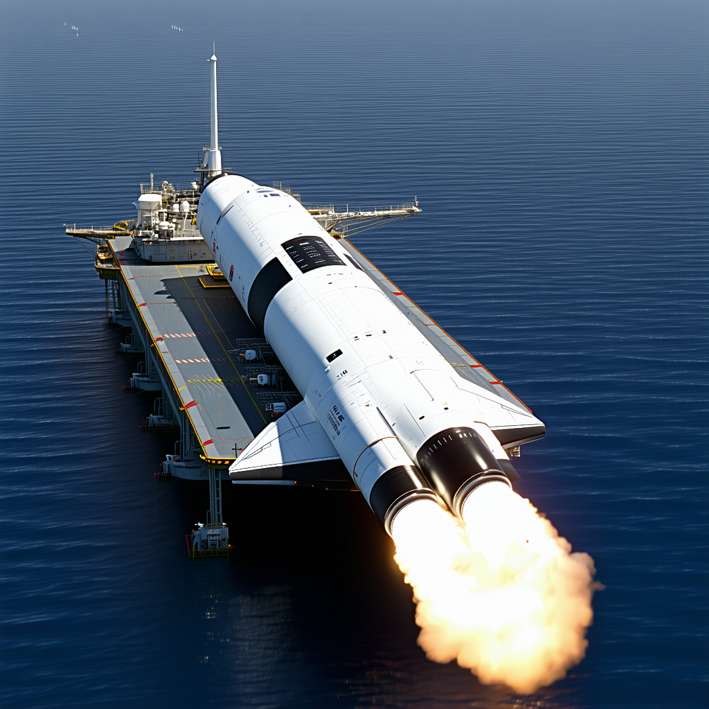 A Space Shuttle On A Large Boat, Floating On The Water