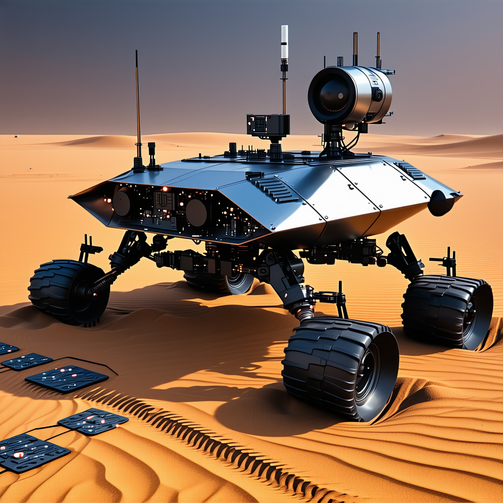 A Futuristic Robotic Vehicle, Possibly A Tank Or A Rover, Sitting In A Desert-like Environment