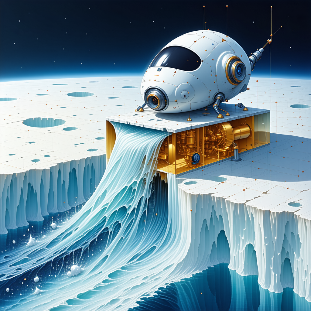 In The Image, There Is A White Spacecraft Floating In The Air, With A Large Iceberg Beneath It