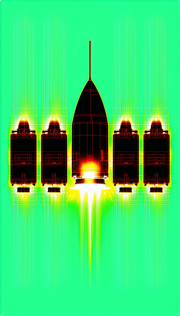 A Rocket Is Shown In A Green And Red Color Scheme, With The Rocket's Engine Glowing Red