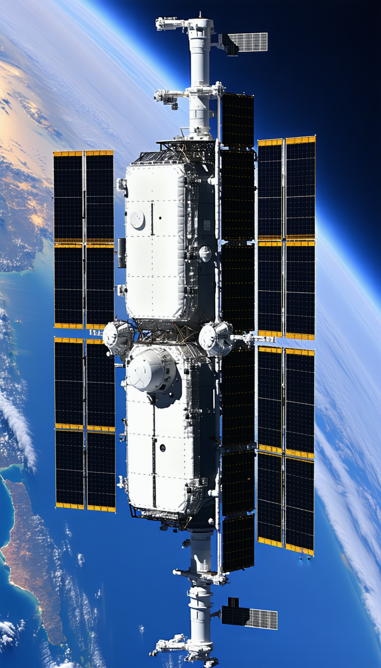 A Large White Space Shuttle Is Docked At The International Space Station