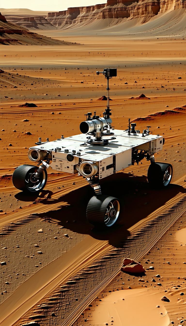 A White Robotic Vehicle With A Large Wheel On The Front, Driving Across A Dirt Road