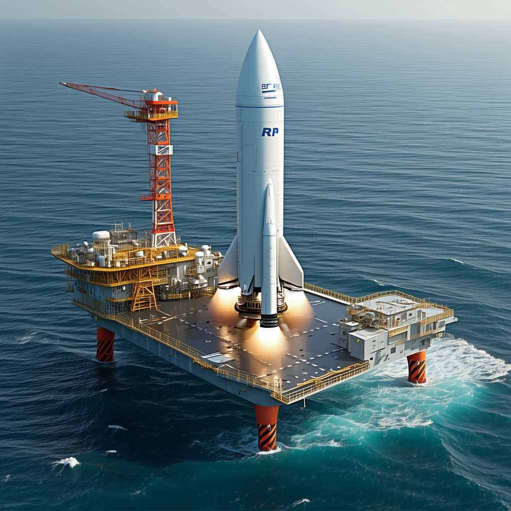 A Large White Rocket Ship Floating On Top Of A Large Yellow Platform In The Ocean