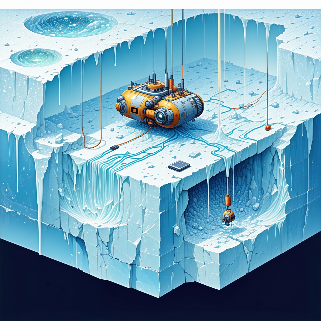 In The Image, There Is A Large, Frozen Iceberg With A Small Submarine-like Vehicle On Top Of It